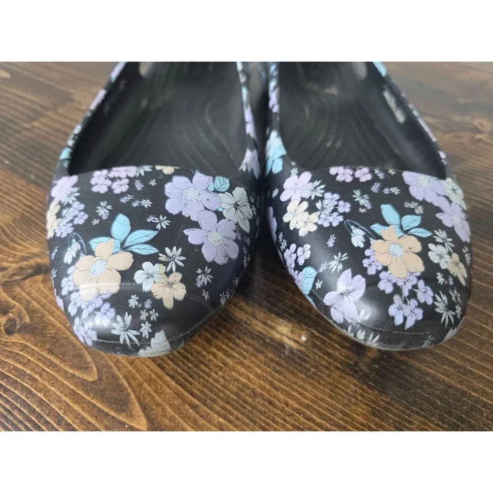 Crocs Women's Shoes Size 7 Floral Black Purple Slingback Slip On Flat‎ Ballet